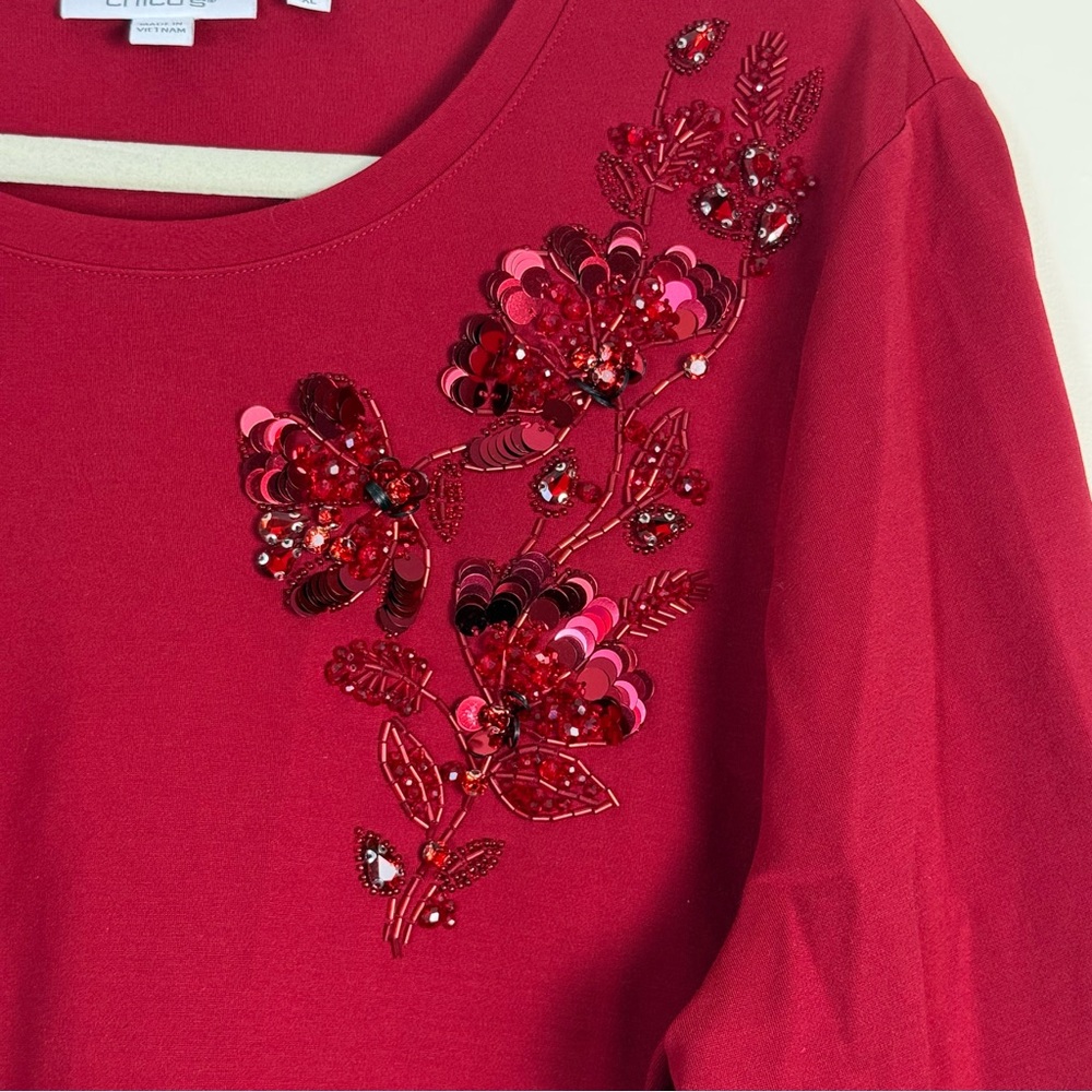Chico Womens Red Allure Embellished Ponte Top sz 3X Cottagecore Stretch Casual - Picture 4 of 13